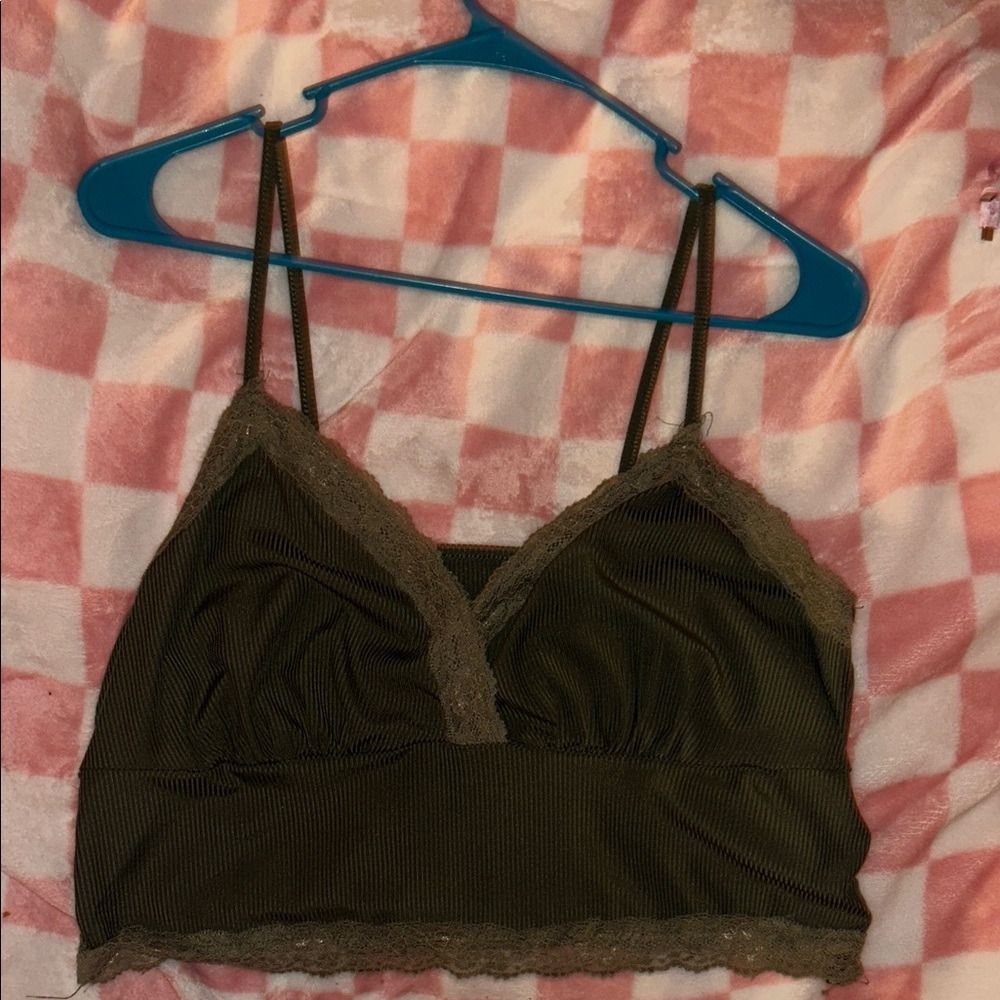 ROMWE Olive Lace-Trim Ribbed Bralette